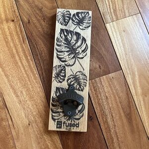Wooden Monstera Wall Bottle Opener with Black Metal Opener
